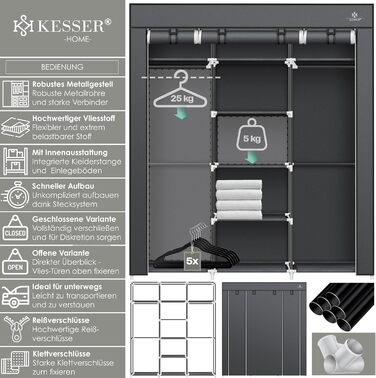 Тканинна шафа KESSER, міцна з вішалкою для одягу та полицями, вкл. 5 вішалок для одягу, тканинна складна шафа для спальні, гардеробна з вішалкою для одягу, 150x45x175 см, антрацит
