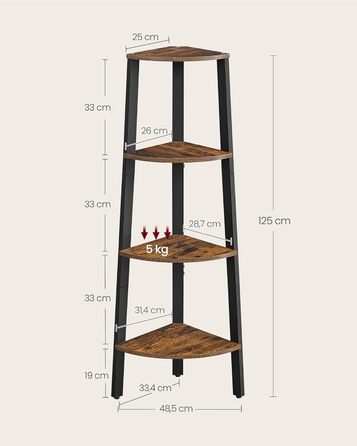 Кутова полиця VASAGLE, 4-рівнева книжкова шафа, полиця-драбина, полиця для зберігання, підставка для рослин для вітальні, промисловий дизайн, зі сталевим каркасом, вінтажний коричнево-чорний LLS34 шт. 4-рівнева (33,4Ш см) вінтажний коричневий чорний