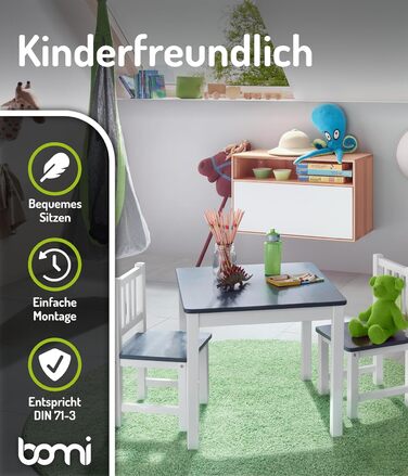 Дитячий дерев&39яний комплект сидіння Bomi Amy Дитячий стіл з 2 стільцями Комплект столу та стільців для дитячої кімнати Ігровий стіл Дитячий стіл для приміщень Дитячий стіл для мистецтва та ремесел Дитячі меблі Біло-сірий Біло-сірий 2 стільці 1 стіл