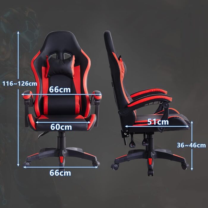 Ергономічне ігрове крісло CLIPOP, комп&39ютерне обертове крісло з підголівником та поперековою опорою, функція нахилу та блокування, регулювання висоти, поворотне, висока спинка, гоночні крісла, чорне/червоне