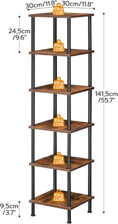 Полиця HOOBRO, 6-ярусна книжкова шафа, вузька кутова полиця, окремостояча полиця, промислова полиця, полиця для зберігання, офісна полиця, відкриті полиці для вітальні, спальні, балкона, кухні, вінтажний коричневий EBF55CJ01 Вінтажний коричневий чорний 30