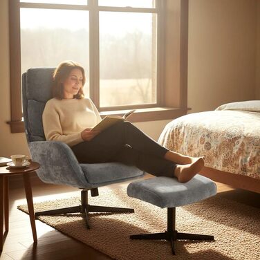 Крісло-реклайнер з підніжкою, крісло з високою спинкою, крісло для відпочинку з функцією гойдання, лляний вигляд, металева основа, м&39яке крісло для вітальні, спальні, сірий