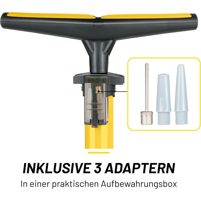 Велосипедний насос Dunlop з подвійним клапаном - велосипедний повітряний насос з 2 адаптерами - для всіх клапанів - клапани Dunlop, Presta та Schrader - 12 бар/180 PSI - ножний насос, манометр, жовтий