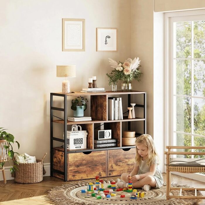 Книжкова полиця Dripex з 2 шухлядами, книжкова шафа з 7 відділеннями з дерева та металевого каркасу, окремостояча кубічна полиця для спальні, вітальні, кабінету, офісу, 33 x 100 x 90 см, промисловий дизайн, ретро