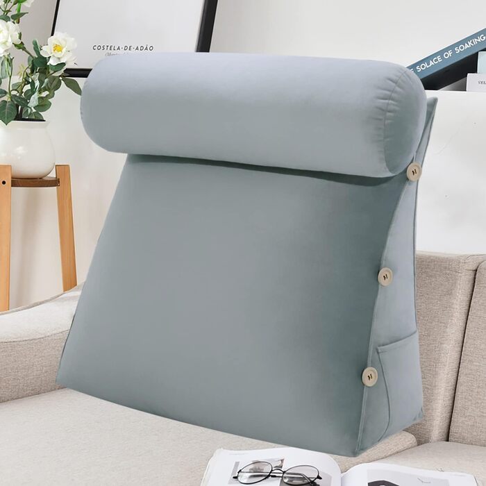 Подушка для спини Johnear зі знімним валиком для шиї, м&39яка оксамитова подушка для шиї, подушка для дивана, подушка для книги, подушка для читання, трикутна клиноподібна подушка, підтримка шиї (сіра, 60 см) Оксамитова сіра подушка для шиї 60 x 22 x 50 с