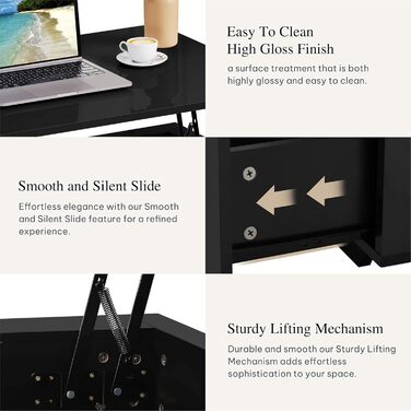 Журнальний столик з регульованою висотою, глянцевий стіл для вітальні з підйомною стільницею, сучасний диванний столик з 16-кольоровим світлодіодним підсвічуванням та 2 шухлядами