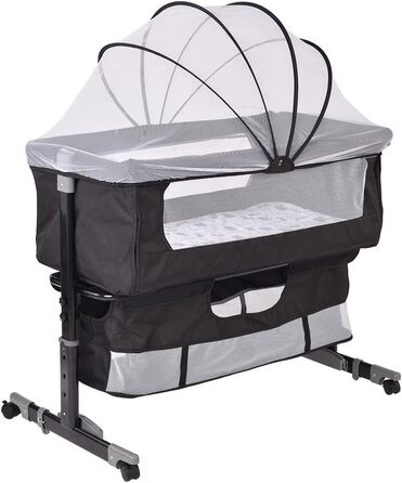 Дитяча колиска LANTUS, люлька, дорожнє ліжечко, складне дитяче ліжечко, бічне ліжко, колиска-гойдалка з функцією гойдання, включаючи москітну сітку, матрац та сумку (92 * 58 * 70-90 см (чорна))