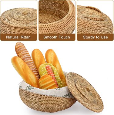 Плетена ротангова скринька для зберігання з кришкою, натуральний кошик для хліба, овочів, фруктів, продуктів, ключів, кабелів, пульта дистанційного керування, окулярів, як кошик для фруктів/перекусів, органайзер для столу, подарунковий, 28*28*16 см