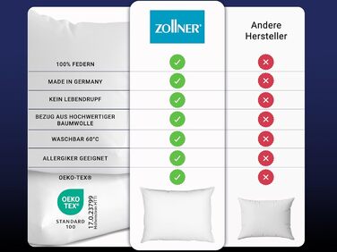 Пухова подушка ZOLLNER - Виготовлено в Німеччині - Наповнювач 100 пір&39я - Чохол з високоякісної бавовни - Можна прати при температурі до 60C - 70x90 см - Готельна якість 70 x 90 см Білий
