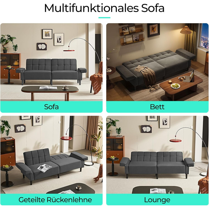 Диван LINSY HOME з функцією сну, розкладний диван з регульованою спинкою та підлокітниками, 3-місний диван з функцією ліжка з оксамитової тканини, спальна зона 230 x 100 см, ідеально підходить для вітальні (сірий)
