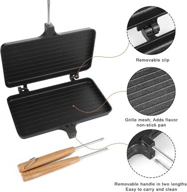 Сендвіч-машина з антипригарним покриттям Кемпінг з 4 знімними ручками Портативна бутербродниця для багаття Гірська пирогівниця Обладнання для приготування багаття