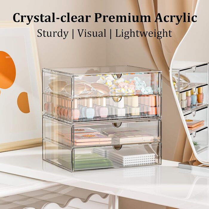 Великий косметичний органайзер з 4 широкими шухлядами акриловий органайзер, 2 шухляди, з протиковзкими накладками Штабелювана шухляда для туалетного столика, спальні, ванної кімнати, 4 шухляди - широкі - 2 шухляди