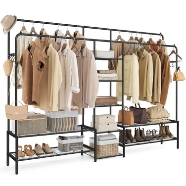 Вішалка для одягу SONGMICS, Відкрита шафа, Вішалка для пальто з 9 полицями, Металевий каркас, Штанга для одягу, для спальні, вітальні, вхідної зони, Чорний HSR183B01 Чорний 195W см