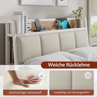 Ліжко 140x200 см, металевий каркас ліжка, основа ліжка з рейковою основою, зарядна станція, 2 шухляди, металевий каркас та дерев&39яне узголів&39я з місцем для зберігання, для спальні, гостьової кімнати, білий натуральний 140 x 200 см білий натуральний