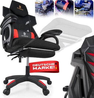 Ергономічне ігрове крісло BARBERIO, офісне крісло, вантажопідйомність 150 кг, повітропроникна сітка, з підставкою для ніг, регульовані підлокітники, сидіння 54 см, поворот на 360, подушка для поперекової підтримки, регульована висота (чорно-червоне)