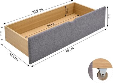 Ліжко Homestyle4u 120x200 з ящиком для зберігання, рейкова основа, м&39яке ліжко, сіра тканина, двоспальне ліжко, каркас ліжка, 2 шухляди Артикул 1979 120 x 200 см