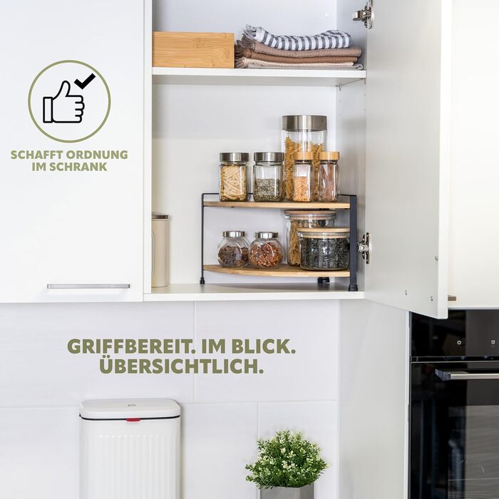 Кутова полиця для спецій eluno з бамбуковими полицями та захистом від подряпин, окремостояча кутова полиця для кухні, універсальний органайзер для більшого простору та порядку - комбінація матеріалів бамбук та метал (чорний)