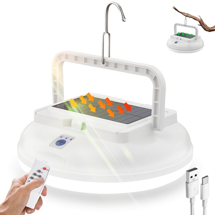 Сонячний світлодіодний кемпінговий ліхтар WholeFire з пультом дистанційного керування, USB-акумуляторний кемпінговий ліхтар, ультраяскравий сонячний ліхтар для намету 4500 люмен, портативний, водонепроникний, 5 режимів світла для походів та кемпінгу на св