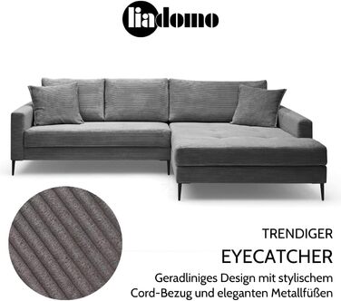 Диван Hilary Graphite, сучасний кутовий диван, вельветова оббивка сірого кольору, шезлонг для правого боку, зручний диван, легко чиститься та має стабільні розміри, металеві ніжки, L-подібний диван, зроблено в Європі, шезлонг для правого боку, графіт