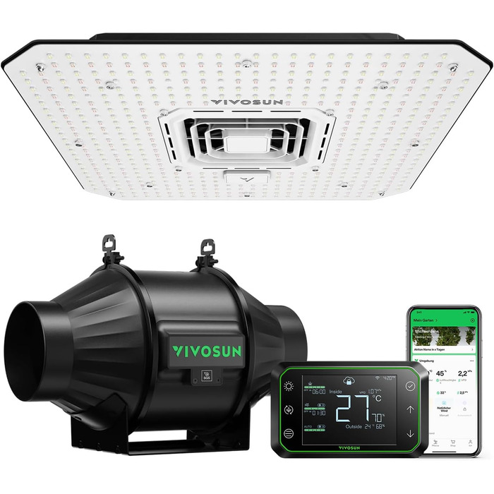 З AeroLight A100SE 100W LED Grow Light із вбудованим циркуляційним вентилятором, AeroZesh T4 10cm 355m/h Tube Fan & GrowHub Controller E42A