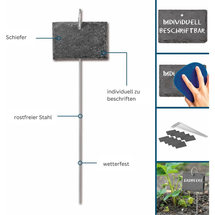 Знаки посадки шиферу Hoberg - набір з 10 Стійкий до погодних умов, багаторазовий Індивідуальне маркування рослин, трав і квітів Зі сталевими шипами Розміри 10 x 7 x 0,5 см Квадрат Прямокутник