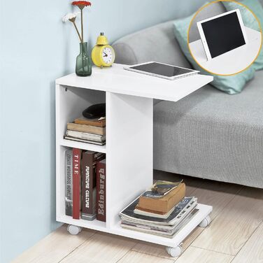 С-подібний приставний столик до дивана з 2 полицями для зберігання та тримачем для планшета, сучасний журнальний столик на колесах для вітальні, білий FBT48-W