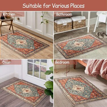 Килимок для дверей KIMODE Boho для дому, 60 x 90 см, Килимок для дверей з коротким ворсом, який можна прати, зі штучної вовни зі стертою текстурою, нековзний, м&39який килимок для ванної кімнати, для вхідних дверей, спальні, кухні, вхідної зони, червоний,