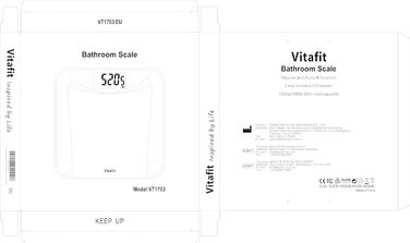 Ваги для ванної кімнати Vitafit Scale Body Fat Scale з додатком 180 кг, шкала складу тіла з Bluetooth, ваги для людей з жиром і м'язовою масою, ІМТ, білок, BMR, чорний (цифрові ваги)