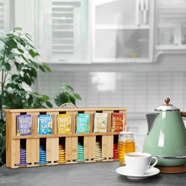 Диспенсер для чайних пакетиків Relaxdays, 6 відділень, місце для зберігання чайних пакетиків, бамбук, чайна коробка, ВxШxГ 22 x 46,5 x 10,5 см, натуральний/сріблястий