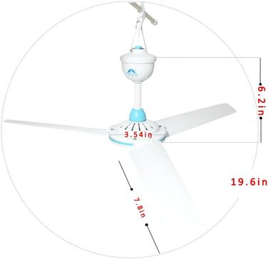 Стельовий вентилятор ShiningLove DC 12 В, діаметр 19,7 дюйма, довжина лопаті 7,87 дюйма Вентилятори для кемпінгу для наметів, фургонів, альтанок, домашніх господарств, вентилятор для кемпінгу (білий, синій)