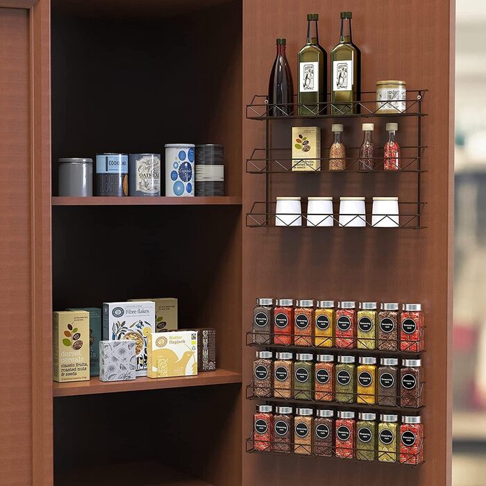 Настінні підставки для спецій Bomblap, набір з 2 шт. , великий органайзер для спецій для зберігання в банках, вузькі металеві, настінні підставки для спецій для кухонних стін або дверей шаф (чорні)