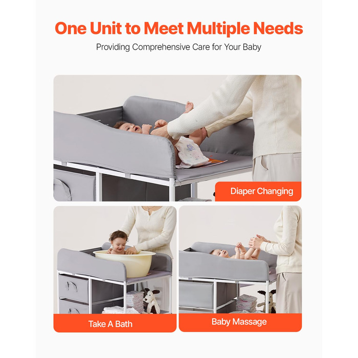 Портативний пеленальний столик VEVOR з 3 висувними шухлядами для тканини та колесами, що замикаються, регульований по висоті багатофункціональний пеленальний столик для немовлят з органайзером для зберігання речей для дитячої кімнати, сірий