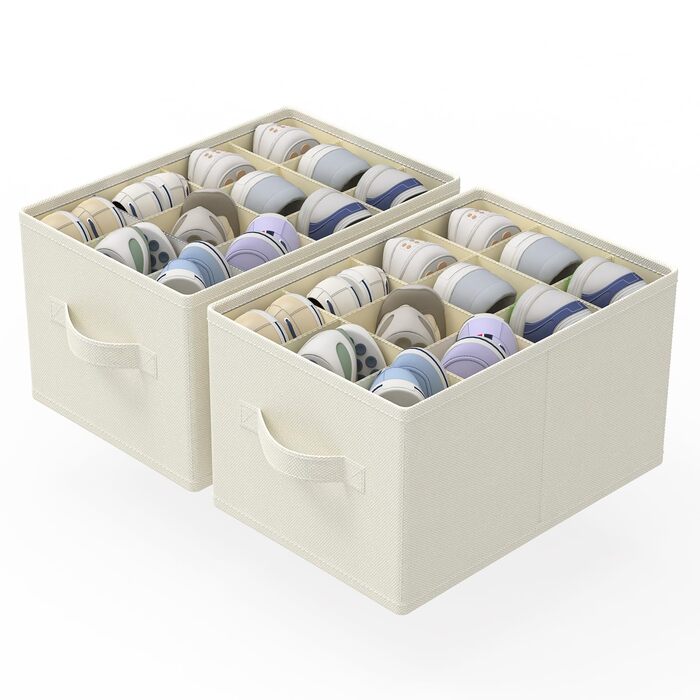 Елементний органайзер для взуття для шафи, великий простір для зберігання взуття, вміщує 12-24 пари, складна тканинна коробка для взуття з 3 ручками, 42 x 32 x 26 см, бежевий, XSNX02BE-2 2 комплекти (42 x 32 x 26 см) бежевий, 2-