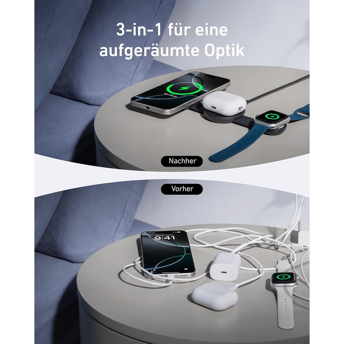 Бездротова зарядна станція Anker MagGo 3-в-1, сумісний з MagSafe сертифікований зарядний пристрій Qi2 на 15 Вт (зі штекером ЄС/США