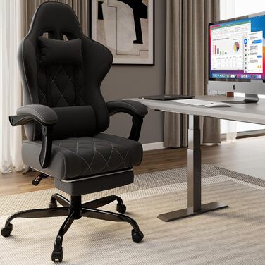 Тканинне ігрове крісло з масажною поперековою опорою, дихаюче офісне крісло ергономічне зі зручною пружинною подушкою та підставкою для ніг, ігрове крісло з підголівником та широким сидінням, темно-сірий/чорний