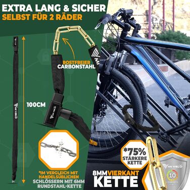 Ланцюговий замок для велосипеда MIVELO, високий рівень безпеки, довжина 100 см, велосипедний замок із загартованої сталі 8 мм, I замок на колесо, ідеально підходить для електровелосипедів, гірських велосипедів та гоночних велосипедів, I замок на велосипед