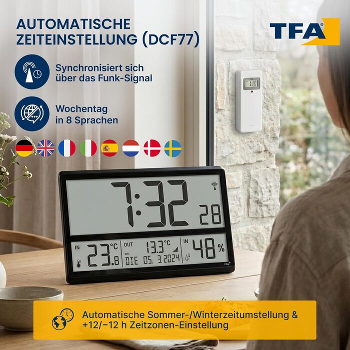 Цифровий настінний годинник TFA Dostmann Digitale XL (60.4523.01) з датчиком зовнішньої температури та клімат-контролем, радіосинхронізація, 24-годинний формат, повна дата, чорний, 360 x 235 x 28 (84) мм