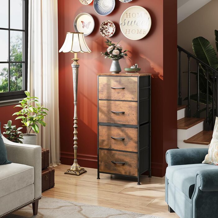Комод WLIVE з 4 тканинними шухлядами, комод для спальні, комод для вітальні, з міцним сталевим каркасом, дерев&39яна стільниця, рустикальний коричневий вінтажний коричневий чорний 29,8 Г x 39,8 Ш x 98,2 В см (4 шухляди)