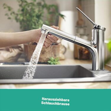 Кухонний змішувач hansgrohe Zesis M33 з висувною лійкою, 2 режими струменя, висота виливу 150 мм, поворот на 150, хром, 74800000