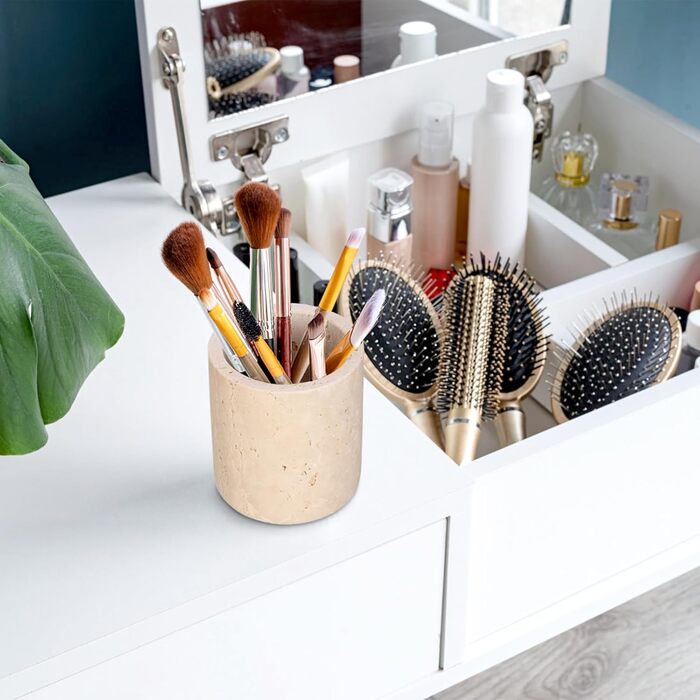 Травертиновий круглий сучасний ватний диск-диспенсер для ватних дисків з кришкою, тримач для макіяжу, для ванної кімнати, спальні, туалетного столика, раковини, готелю, офісу, жіночі подарунки (9,3x11,5 см)