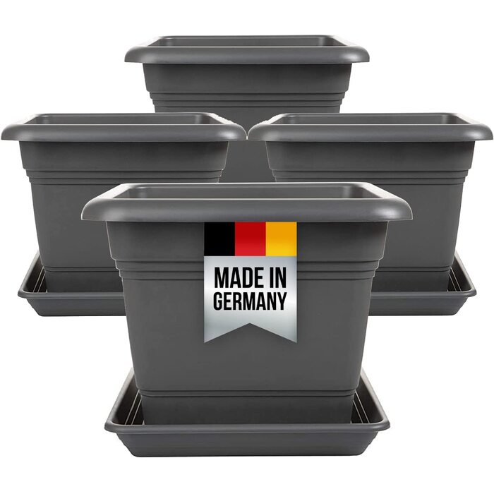 Набір з 4 рослинних горщиків XXL, 48 см, антрацит, великі пластикові квіткові горщики, вуличні горщики, стійкі до ультрафіолету, морозостійкі, зроблені в Німеччині, з дренажним блюдцем.