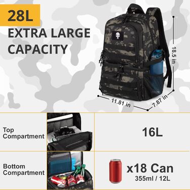 Тактичний двоповерховий рюкзак-холодильник для чоловіків великий обідній рюкзак з 2 відділеннями, м&39яка сумка-холодильник, чорний камуфляж, розмір L