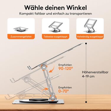Стійка для ноутбука TECKNET регульована по висоті, ергономічна та складна, з алюмінію. Надійна підставка для ноутбука, сумісна з MacBook Air/Pro, Dell до 17,3 дюймів - срібляста