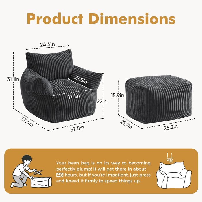 Диван-гойдалка JULY&39S SONG зі спинкою та підставкою для ніг, крісло-мішок XXL з пуфом для дорослих, диван-лінивець, подушка для сидіння в приміщенні для спальні, вітальні, зимового садка, темно-сірий