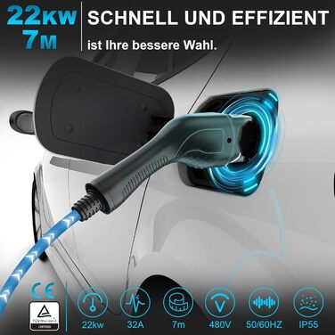 Тип 2 зарядний кабель для електромобілів 22кВт 7м з сумкою Зарядний кабель електромобіль тип 2 3-фазний для електромобіля IP55 Вод
