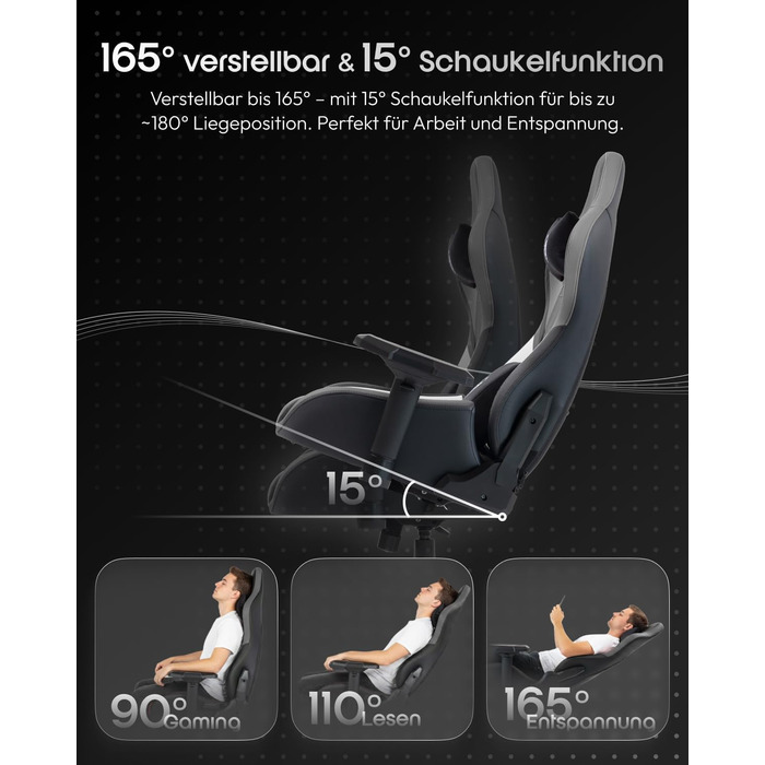 Ігрове крісло Dowinx з 4D підлокітниками та функцією гойдання 15, регульоване масажне ігрове крісло на 165, ергономічне ігрове крісло, гоночний дизайн для геймерів та кіберспорту, вантажопідйомність 135 кг, сірий колір