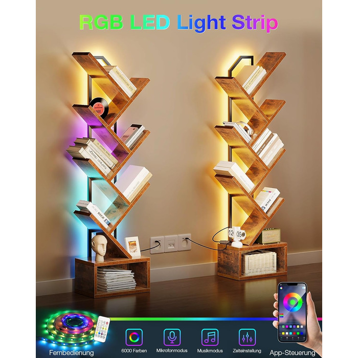 Книжкова полиця Coleshome у формі дерева, 6-ярусна окремостояча полиця, дерев&39яна книжкова полиця зі світловою стрічкою, підходить для вітальні та спальні, чорна