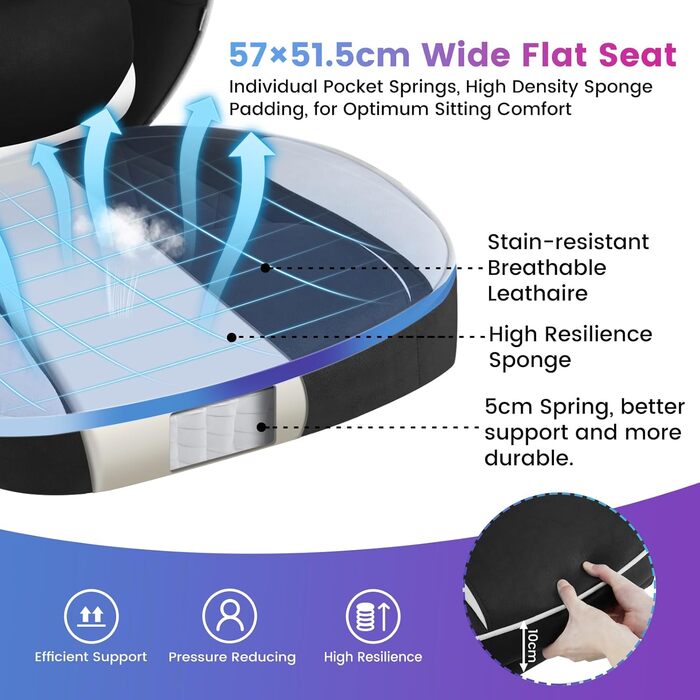 Ігрове крісло WOLTU, дихаюча тканина, ергономічне офісне крісло з поперековою опорою, вантажопідйомність 150 кг, ПК-крісло з великою спинкою та сидінням, чорно-біла шкіряна тканина