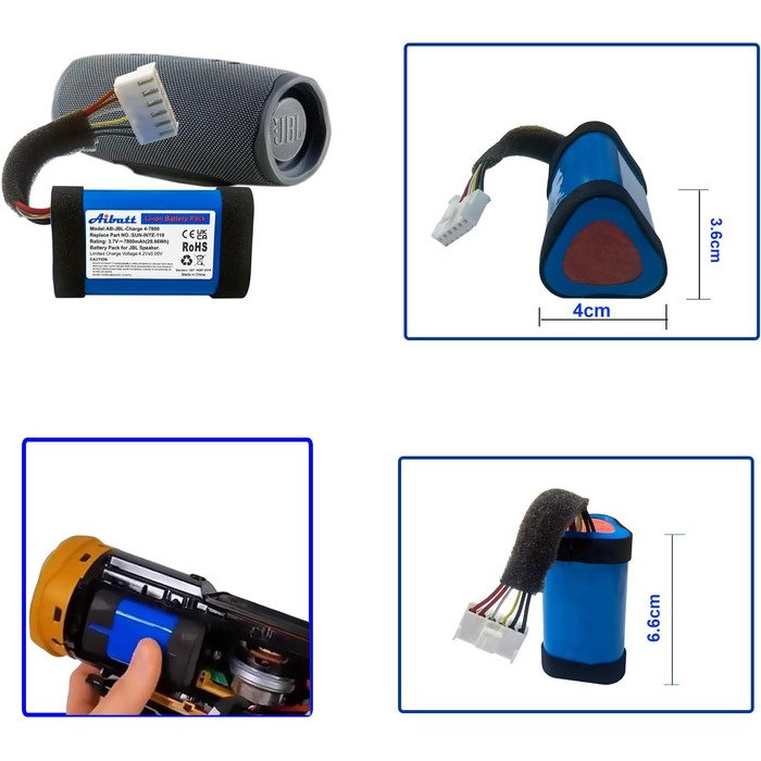 Замінний акумулятор 3.7V 7800mAh для JBL Charge 4, JBL Charge 4BLK, динаміків JBL Charge 4J, заміна акумулятора JBL SUN-INTE-118, SUN-INTE-156, 1INR19/66-3, ID998. (Не для JBL Charge 4 Q)