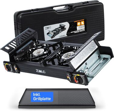 Газова плита для кемпінгу ZMC PREMIUM, 2 конфорки гриль-пластина 45x24 см 16 газових картриджів (227 г), кемпінгова плита із запобіжником запалювання для використання на вулиці та в приміщенні, настільна подвійна газова плита з п&39єзорозпалом для балкону